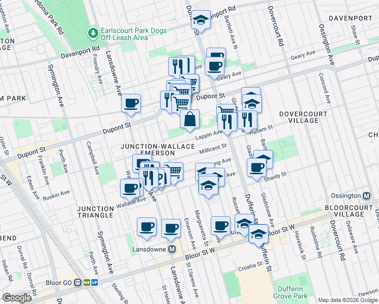 map of restaurants, bars, coffee shops, grocery stores, and more near 78 Millicent Street in Toronto