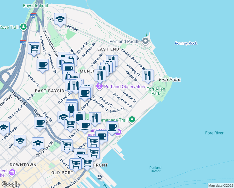 map of restaurants, bars, coffee shops, grocery stores, and more near 5 Sherbrooke Street in Portland