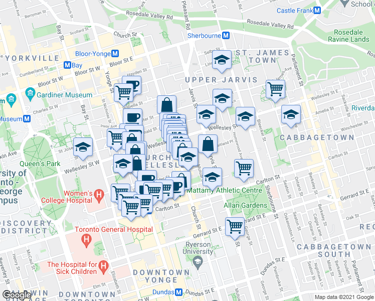 map of restaurants, bars, coffee shops, grocery stores, and more near 100 Maitland Street in Toronto