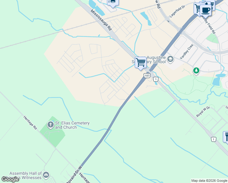 map of restaurants, bars, coffee shops, grocery stores, and more near 3 Kings Hill Drive in Brampton