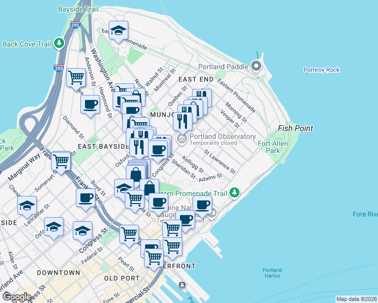 map of restaurants, bars, coffee shops, grocery stores, and more near 61 Monument Street in Portland