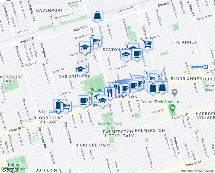 map of restaurants, bars, coffee shops, grocery stores, and more near 39 Christie Street in Toronto