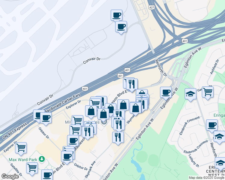 map of restaurants, bars, coffee shops, grocery stores, and more near in Mississauga