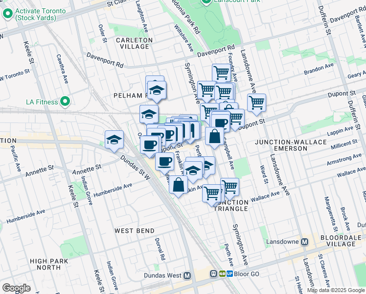 map of restaurants, bars, coffee shops, grocery stores, and more near 1577 Dupont Street in Toronto
