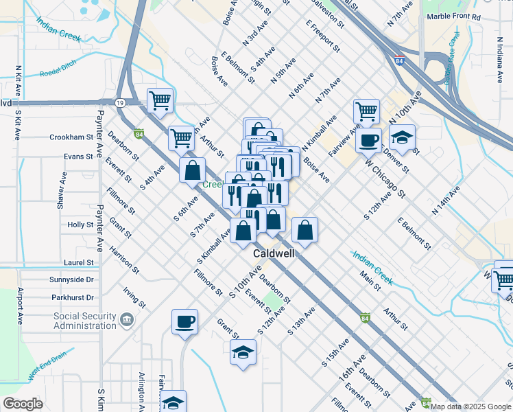 map of restaurants, bars, coffee shops, grocery stores, and more near 809 Blaine Street in Caldwell