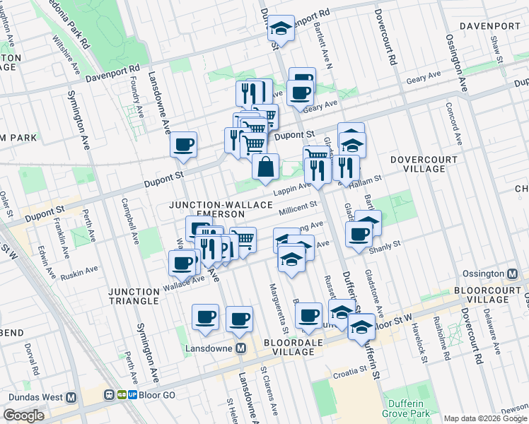 map of restaurants, bars, coffee shops, grocery stores, and more near 98 Millicent Street in Toronto