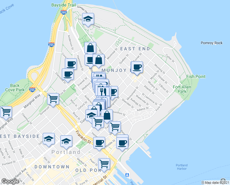 map of restaurants, bars, coffee shops, grocery stores, and more near 73 Sheridan Street in Portland
