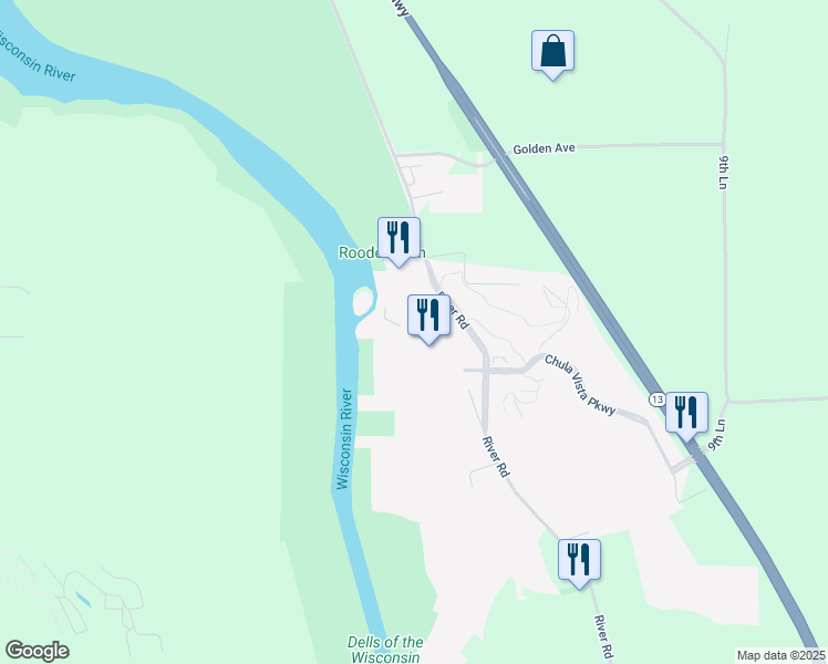 map of restaurants, bars, coffee shops, grocery stores, and more near 2501 River Road in Wisconsin Dells