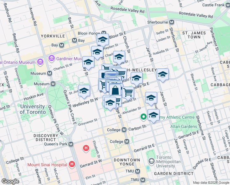 map of restaurants, bars, coffee shops, grocery stores, and more near 8 Wellesley Street East in Toronto