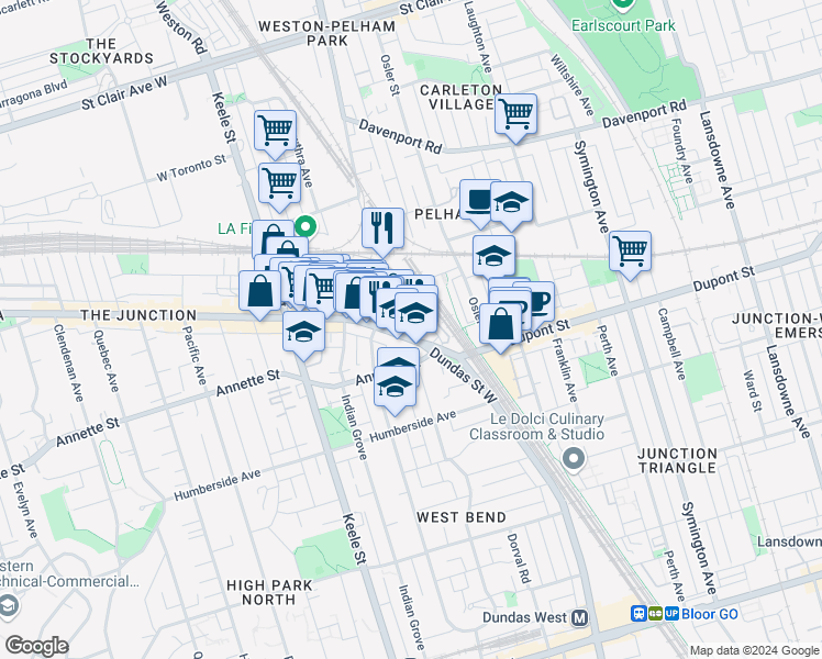 map of restaurants, bars, coffee shops, grocery stores, and more near in Toronto