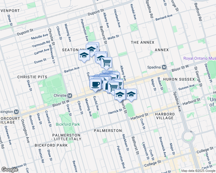 map of restaurants, bars, coffee shops, grocery stores, and more near in Toronto
