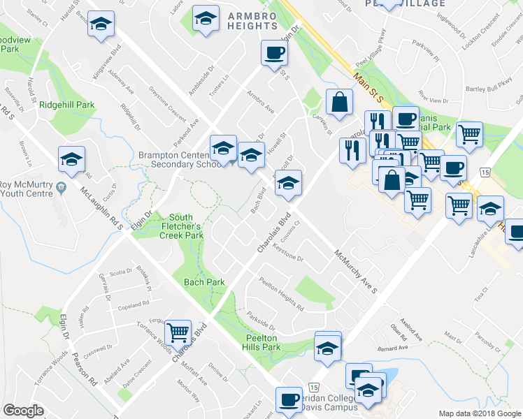 map of restaurants, bars, coffee shops, grocery stores, and more near 25 Schubert Crescent in Brampton