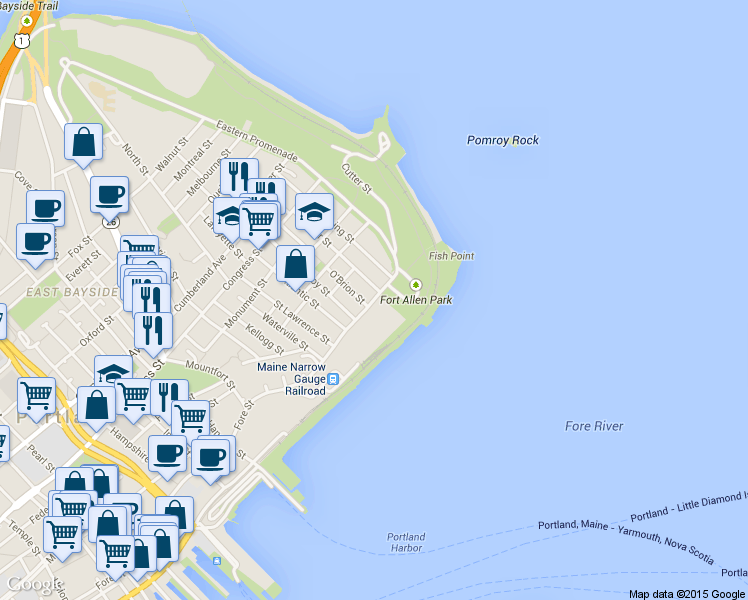 map of restaurants, bars, coffee shops, grocery stores, and more near 38 Eastern Promenade in Portland