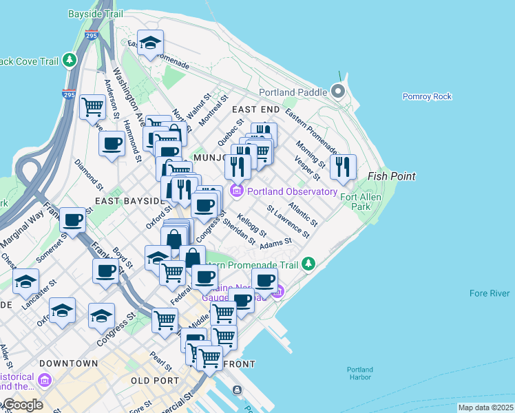 map of restaurants, bars, coffee shops, grocery stores, and more near 5 Sherbrooke Street in Portland