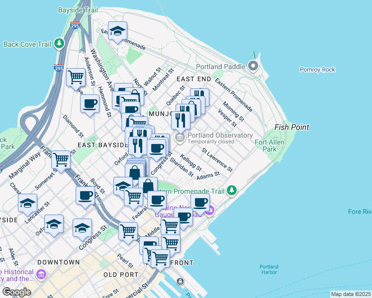 map of restaurants, bars, coffee shops, grocery stores, and more near 65 Monument Street in Portland