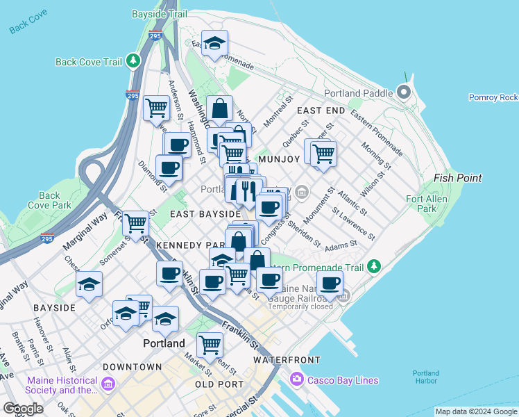 map of restaurants, bars, coffee shops, grocery stores, and more near 10 Romasco Lane in Portland