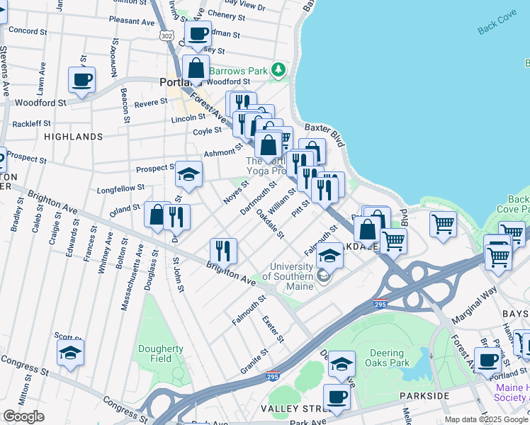 map of restaurants, bars, coffee shops, grocery stores, and more near 63 William Street in Portland