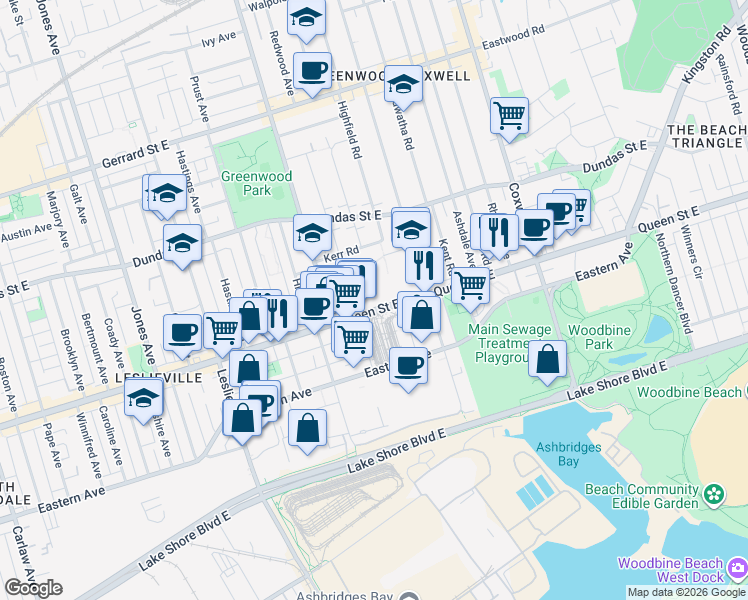 map of restaurants, bars, coffee shops, grocery stores, and more near 1444 Queen Street East in Toronto