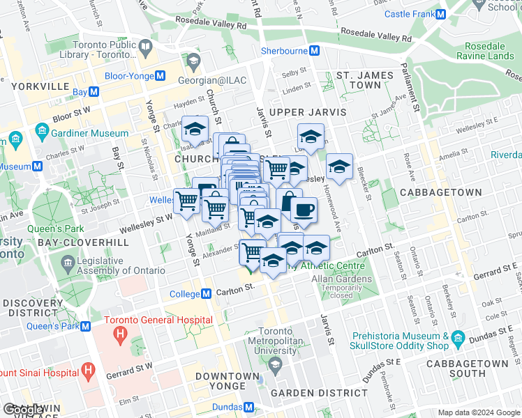 map of restaurants, bars, coffee shops, grocery stores, and more near in Toronto