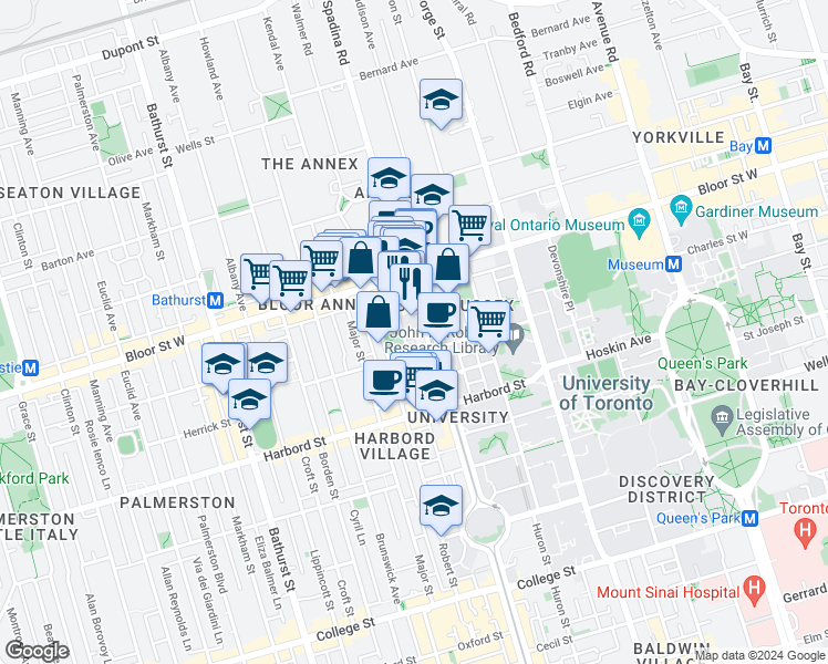 map of restaurants, bars, coffee shops, grocery stores, and more near in Toronto
