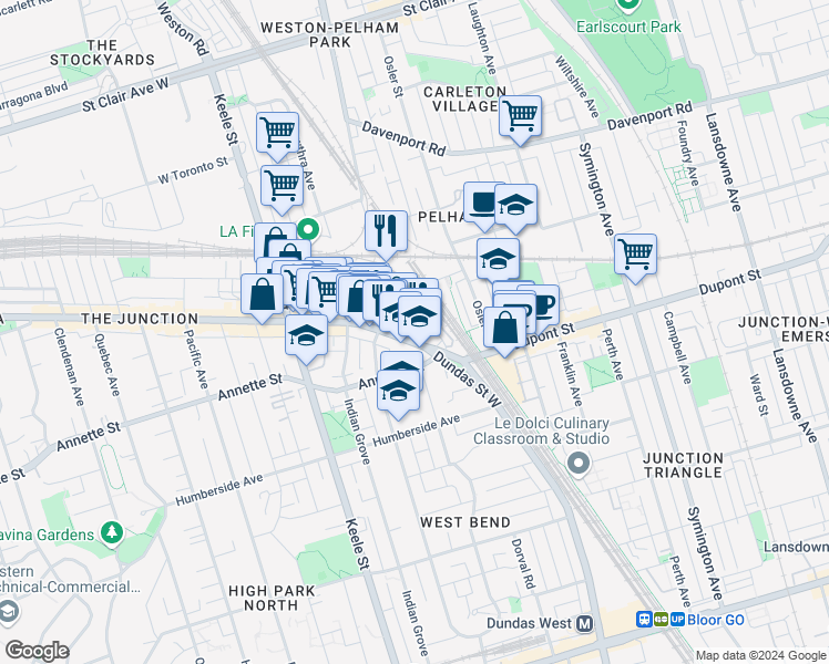 map of restaurants, bars, coffee shops, grocery stores, and more near in Toronto