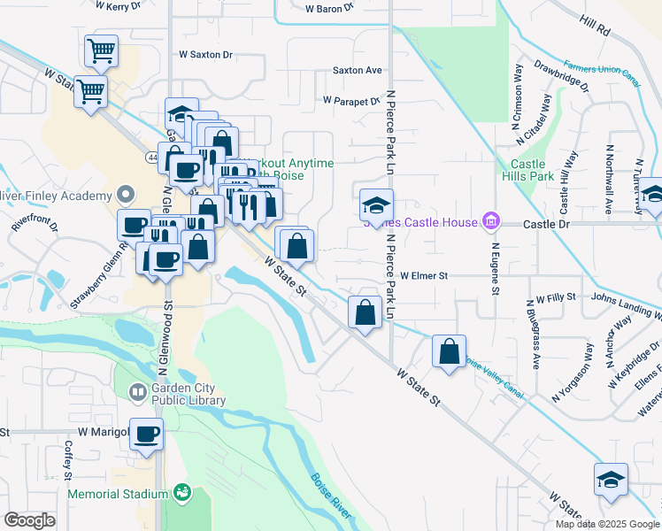 map of restaurants, bars, coffee shops, grocery stores, and more near 6619 West Dufferin Court in Boise