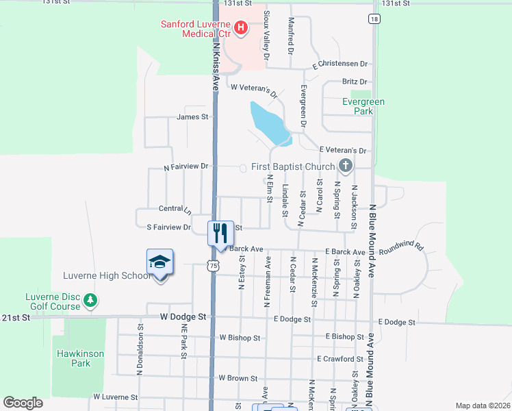 map of restaurants, bars, coffee shops, grocery stores, and more near 1017 North Freeman Avenue in Luverne