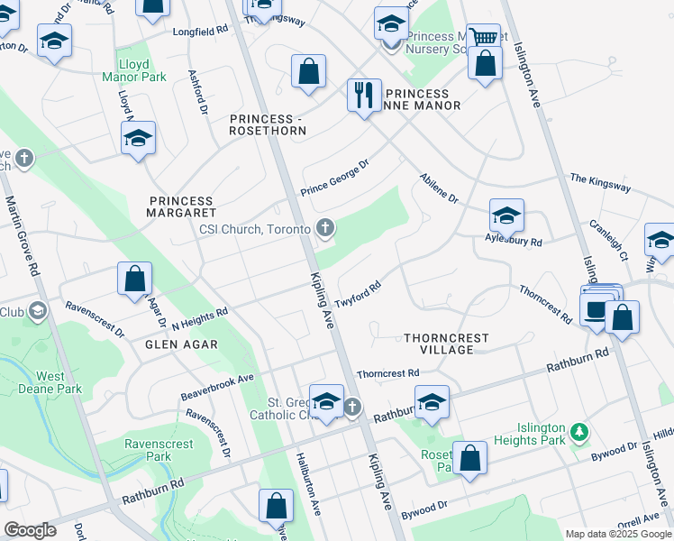 map of restaurants, bars, coffee shops, grocery stores, and more near 14 Ballantyne Court in Toronto