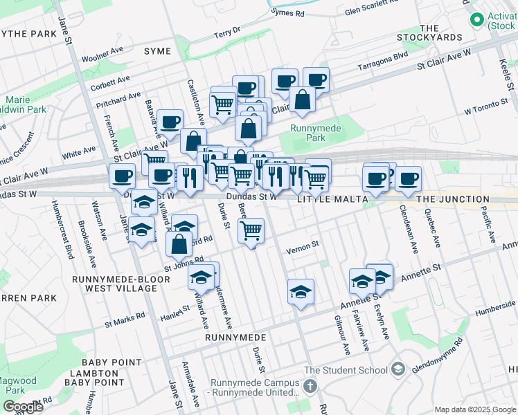 map of restaurants, bars, coffee shops, grocery stores, and more near in Toronto