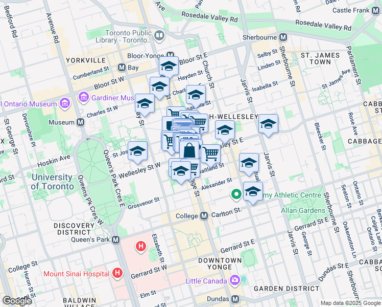 map of restaurants, bars, coffee shops, grocery stores, and more near 11 Wellesley Street East in Toronto