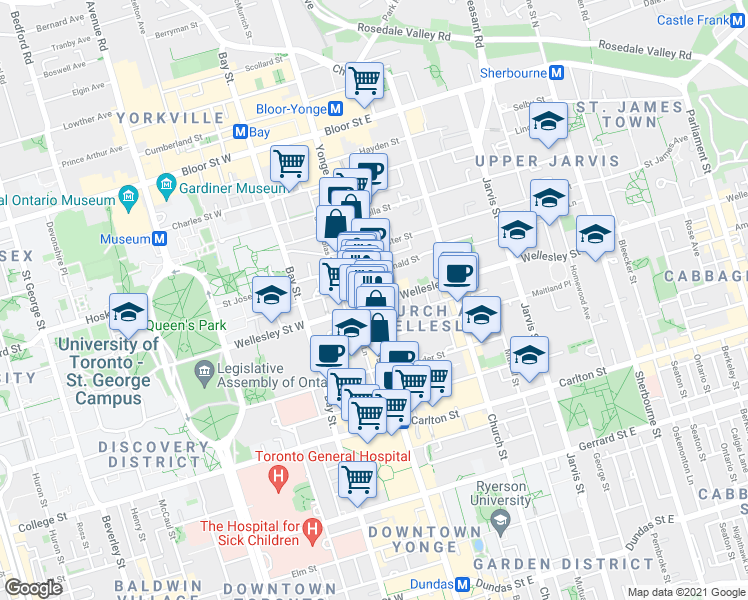 map of restaurants, bars, coffee shops, grocery stores, and more near 8 Wellesley Street East in Toronto