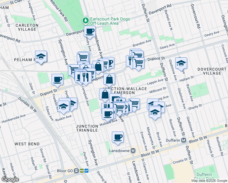map of restaurants, bars, coffee shops, grocery stores, and more near 182 Lappin Avenue in Toronto
