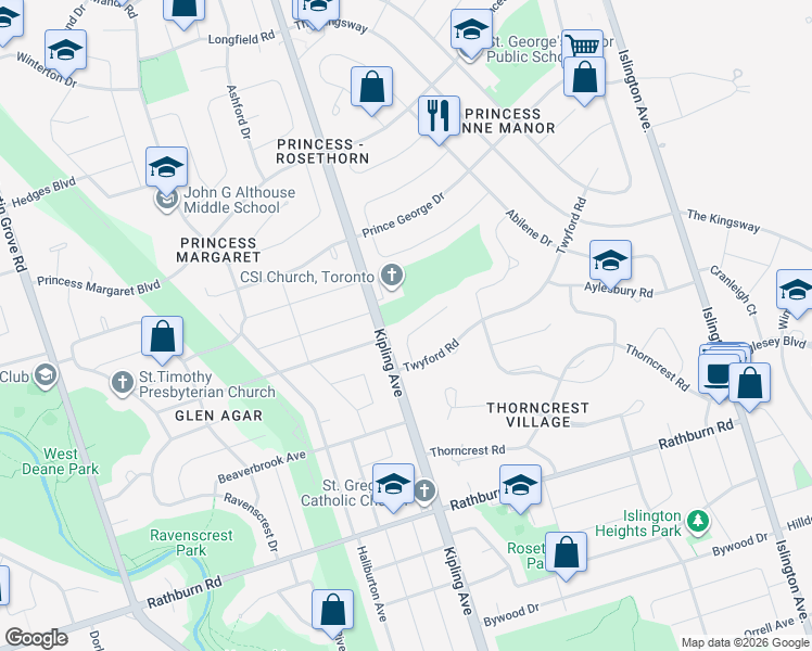 map of restaurants, bars, coffee shops, grocery stores, and more near 14 Ballantyne Court in Toronto