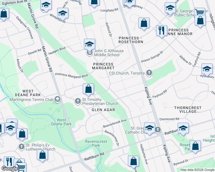 map of restaurants, bars, coffee shops, grocery stores, and more near 54 Firwood Crescent in Toronto