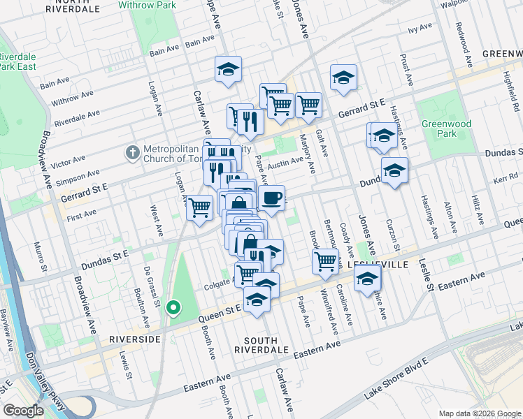 map of restaurants, bars, coffee shops, grocery stores, and more near 147 Boston Avenue in Toronto