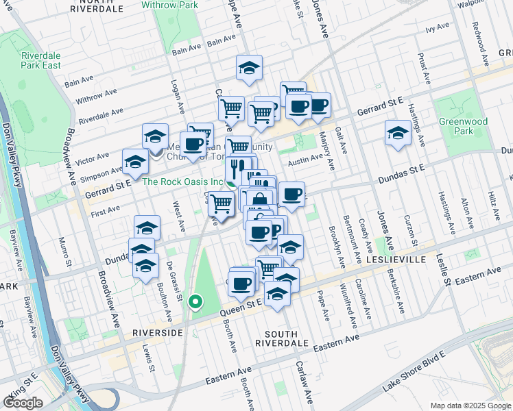 map of restaurants, bars, coffee shops, grocery stores, and more near 1190 Dundas Street East in Toronto