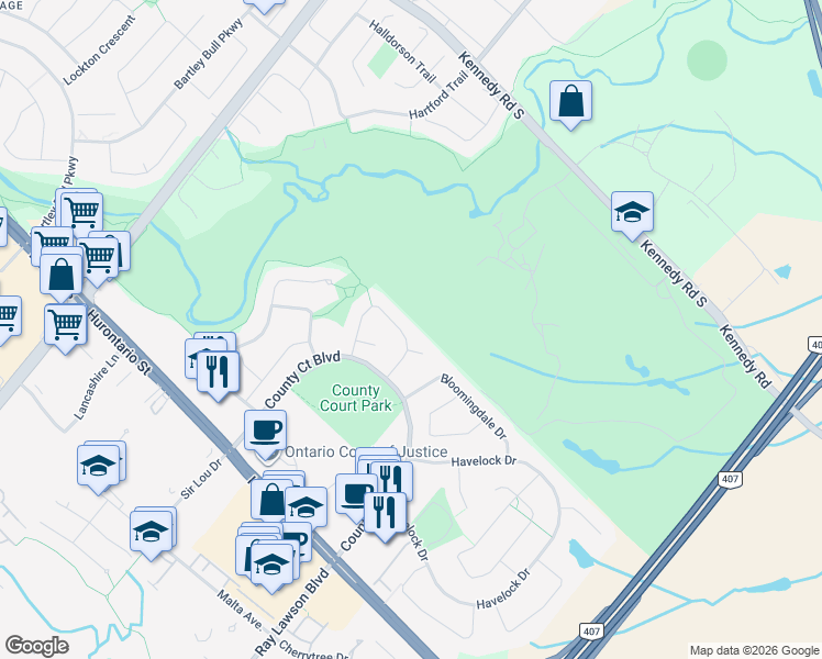 map of restaurants, bars, coffee shops, grocery stores, and more near 17 Mossbank Drive in Brampton