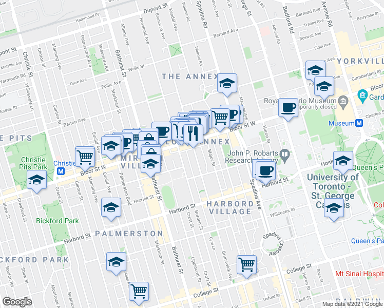 map of restaurants, bars, coffee shops, grocery stores, and more near 282 Brunswick Avenue in Toronto
