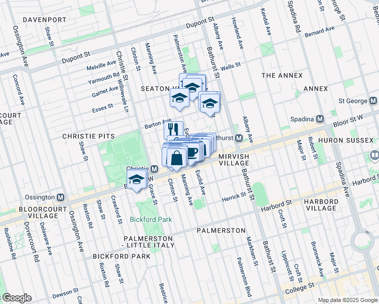 map of restaurants, bars, coffee shops, grocery stores, and more near 708 Euclid Avenue in Toronto