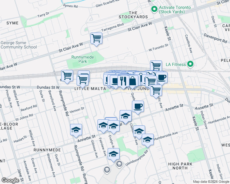 map of restaurants, bars, coffee shops, grocery stores, and more near 27 Saint Johns Road in Toronto