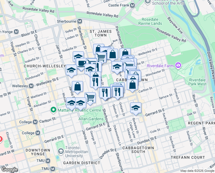 map of restaurants, bars, coffee shops, grocery stores, and more near 85 Bleecker Street in Toronto