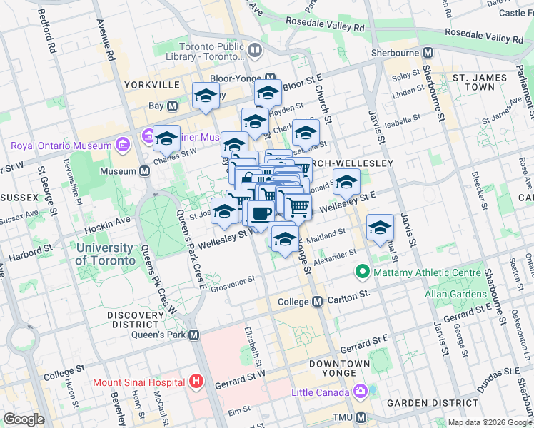map of restaurants, bars, coffee shops, grocery stores, and more near in Toronto