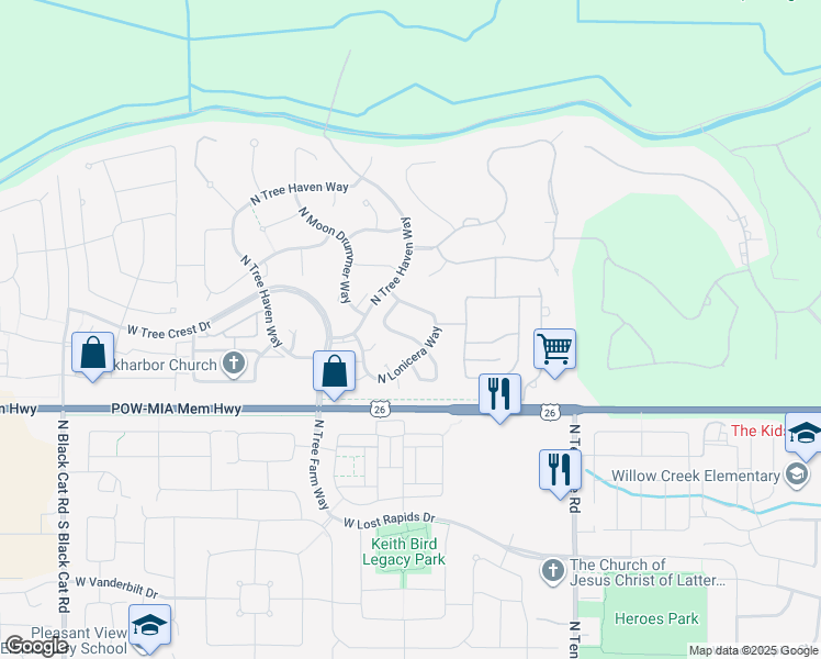 map of restaurants, bars, coffee shops, grocery stores, and more near 6643 North Moon Drummer Way in Meridian