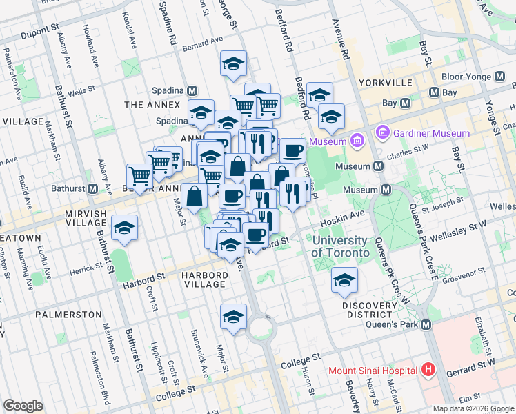 map of restaurants, bars, coffee shops, grocery stores, and more near 386 Huron Street in Toronto
