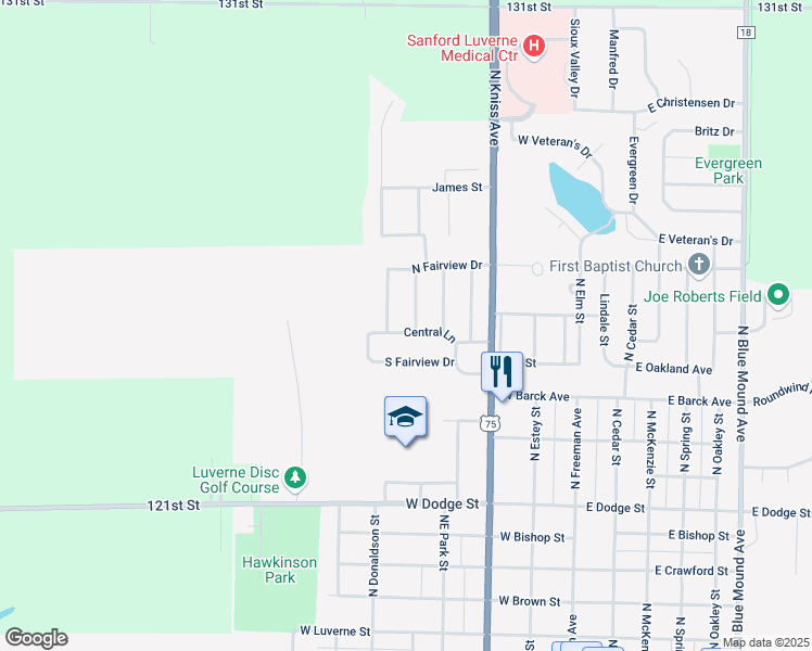 map of restaurants, bars, coffee shops, grocery stores, and more near 502 Central Lane in Luverne