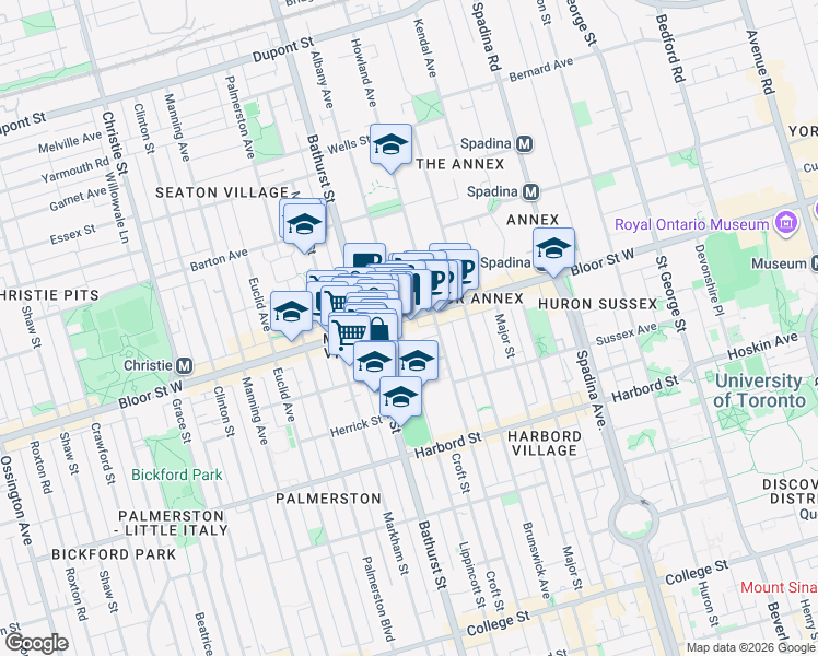 map of restaurants, bars, coffee shops, grocery stores, and more near 533 Bloor Street West in Toronto