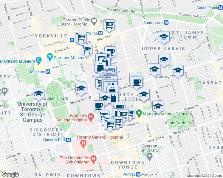 map of restaurants, bars, coffee shops, grocery stores, and more near 606 Yonge Street in Toronto