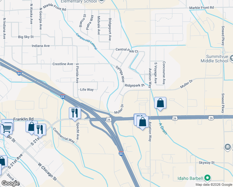 map of restaurants, bars, coffee shops, grocery stores, and more near 616 Syringa Place in Caldwell
