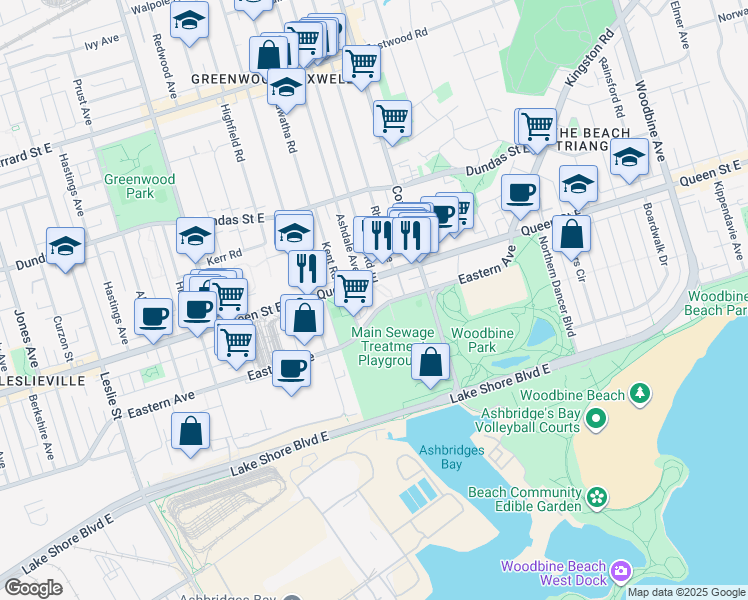 map of restaurants, bars, coffee shops, grocery stores, and more near in Toronto