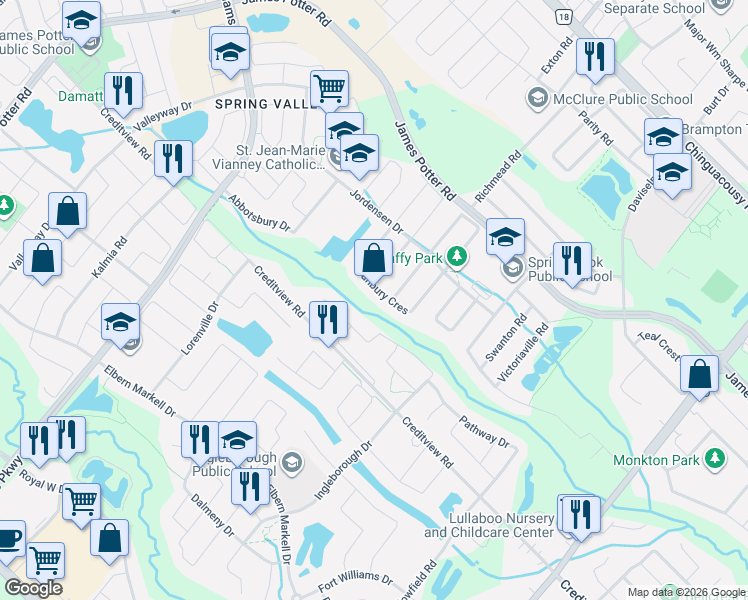 map of restaurants, bars, coffee shops, grocery stores, and more near 48 Hanbury Crescent in Brampton